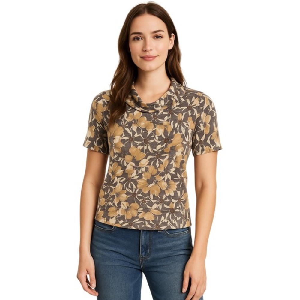 Ann Taylor LOFT Floral Cowl Neck Short Sleeve‎ Knit Top S Coquettish Fairy 73-76